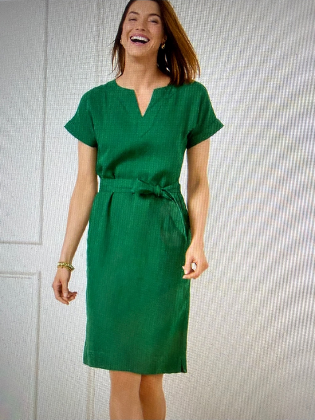 Nwt Talbots 100% Linen Short Sleeve Shift Dress V Neck Green Tie Waist Pockets L